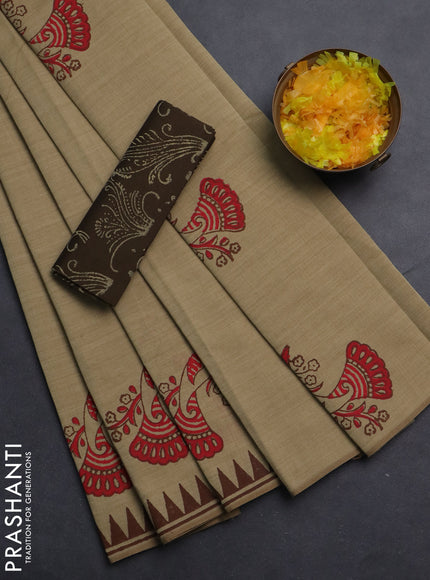 Semi silk cotton saree beige and brown with butta prints and printed border