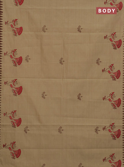 Semi silk cotton saree beige and brown with butta prints and printed border