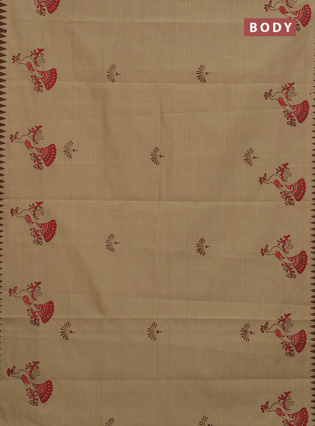 Semi silk cotton saree beige and brown with butta prints and printed border