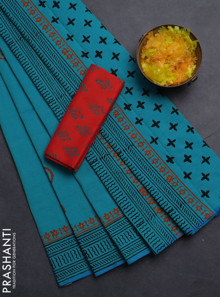 Semi silk cotton saree teal blue and orange with butta prints and printed border