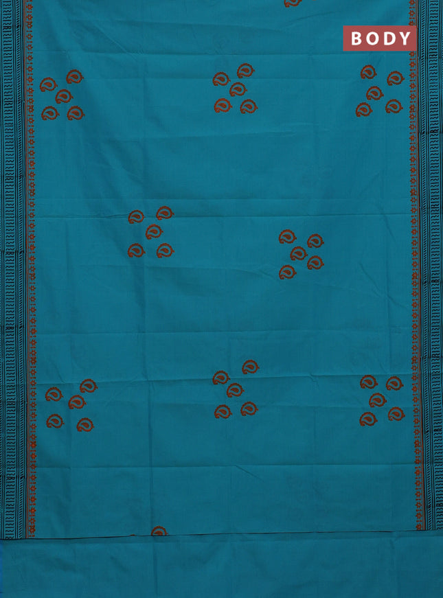 Semi silk cotton saree teal blue and orange with butta prints and printed border