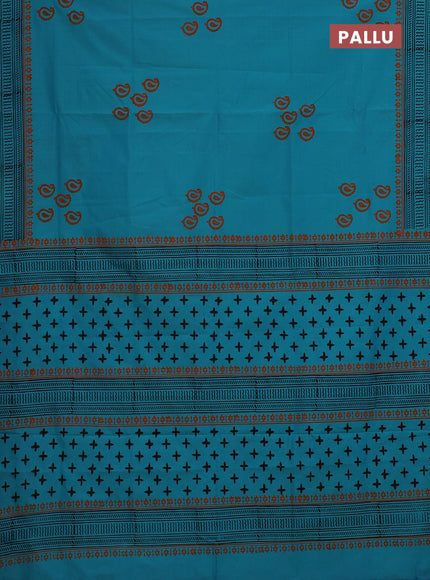 Semi silk cotton saree teal blue and orange with butta prints and printed border