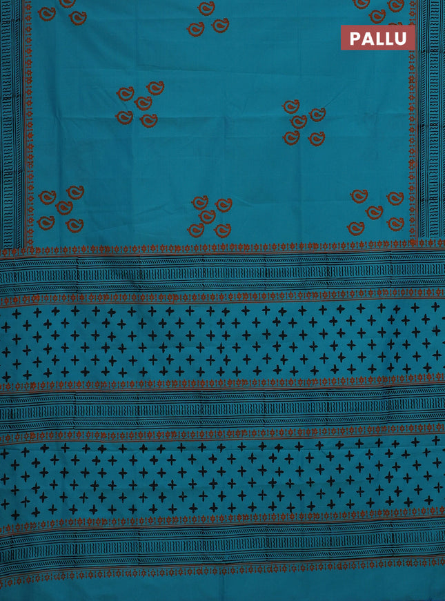 Semi silk cotton saree teal blue and orange with butta prints and printed border