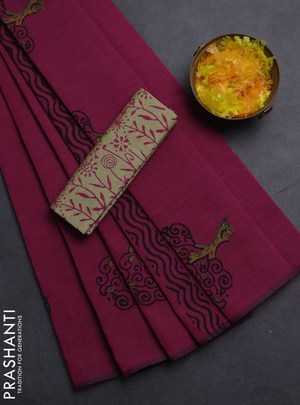 Semi silk cotton saree magenta pink and elaichi green with butta prints in borderless style