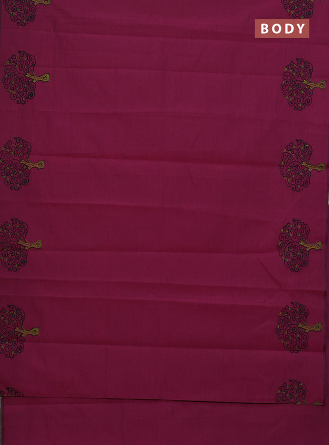 Semi silk cotton saree magenta pink and elaichi green with butta prints in borderless style