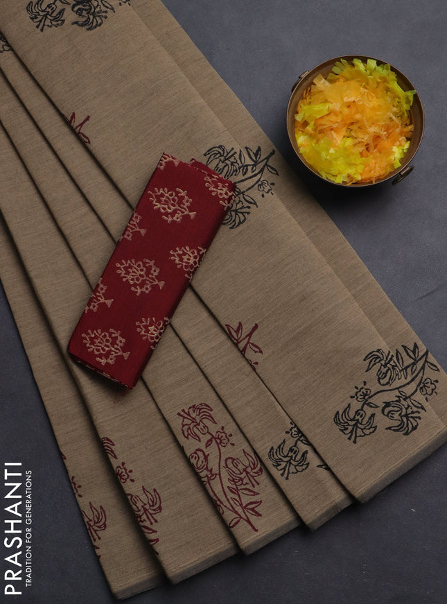 Semi silk cotton saree beige and maroon with butta prints and printed border