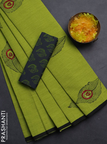 Semi silk cotton saree fluorescent green and elephant grey with butta prints and piping border