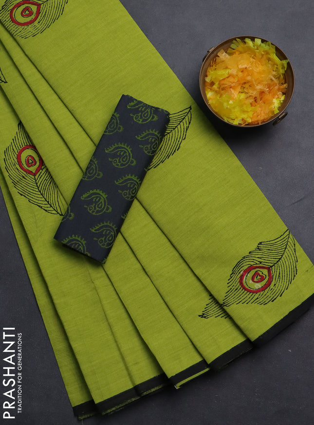 Semi silk cotton saree fluorescent green and elephant grey with butta prints and piping border