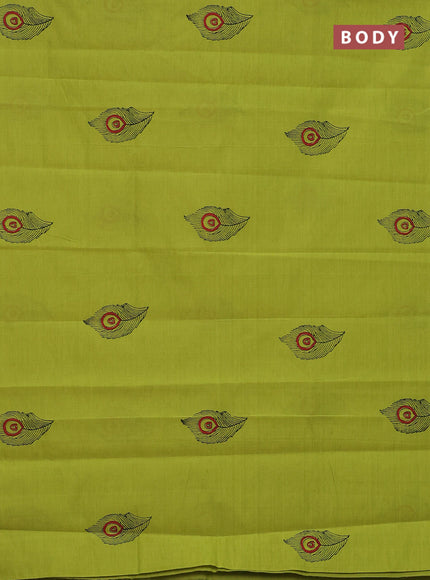 Semi silk cotton saree fluorescent green and elephant grey with butta prints and piping border