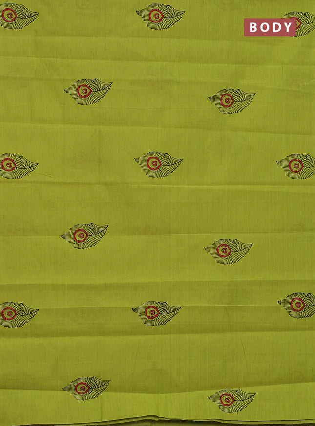 Semi silk cotton saree fluorescent green and elephant grey with butta prints and piping border