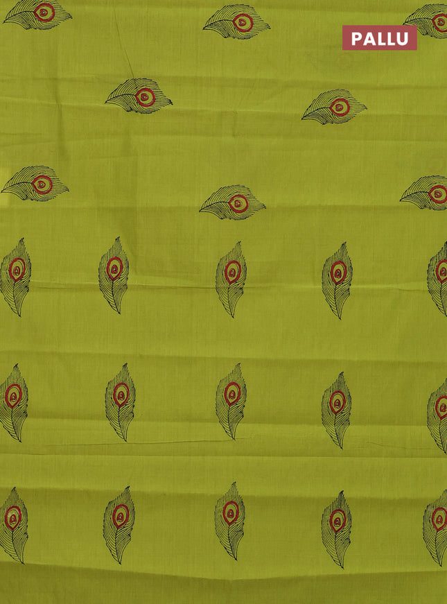Semi silk cotton saree fluorescent green and elephant grey with butta prints and piping border