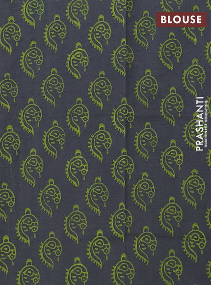 Semi silk cotton saree fluorescent green and elephant grey with butta prints and piping border