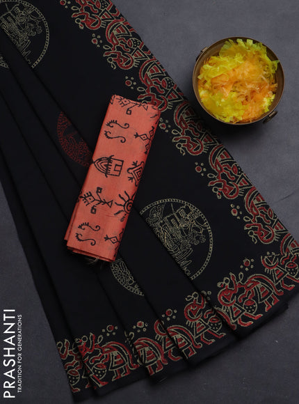 Semi silk cotton saree black and peach shade with butta prints and printed border