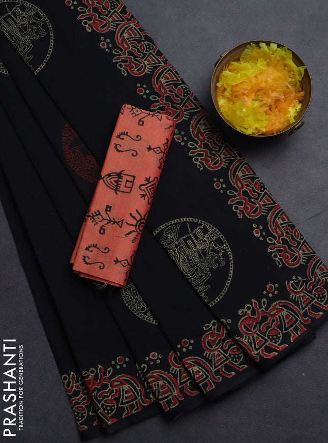 Semi silk cotton saree black and peach shade with butta prints and printed border