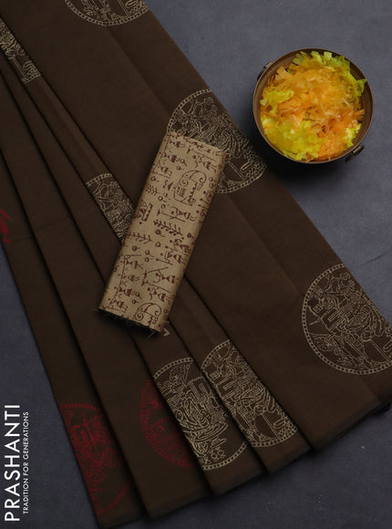 Semi silk cotton saree brown and beige with warli butta prints in borderless style