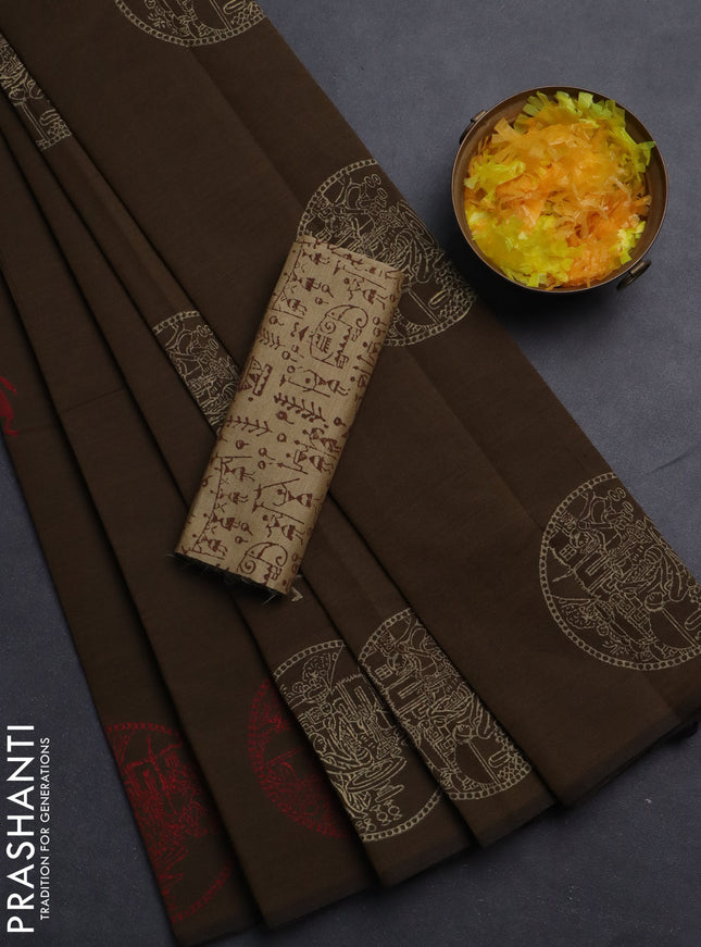Semi silk cotton saree brown and beige with warli butta prints in borderless style