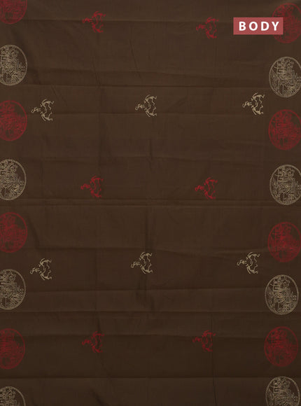 Semi silk cotton saree brown and beige with warli butta prints in borderless style