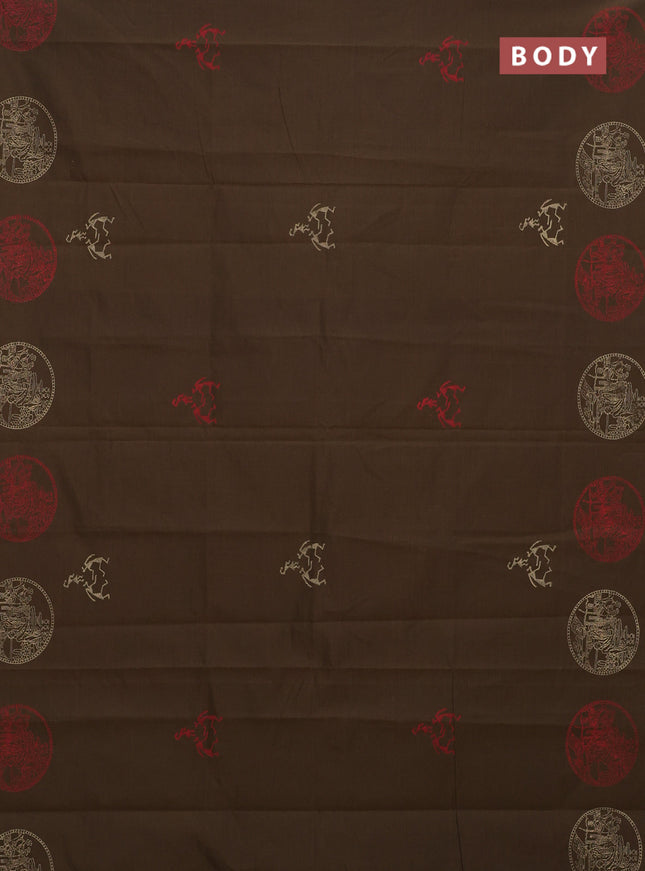 Semi silk cotton saree brown and beige with warli butta prints in borderless style