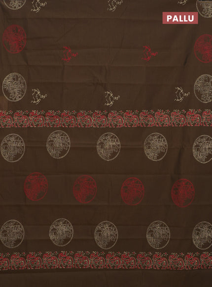 Semi silk cotton saree brown and beige with warli butta prints in borderless style