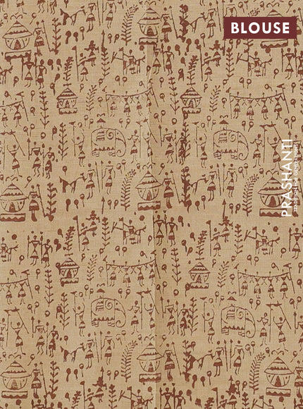 Semi silk cotton saree brown and beige with warli butta prints in borderless style