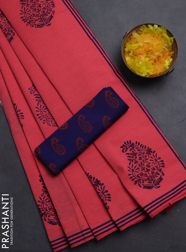 Semi silk cotton saree peach pink and blue with butta prints and printed border