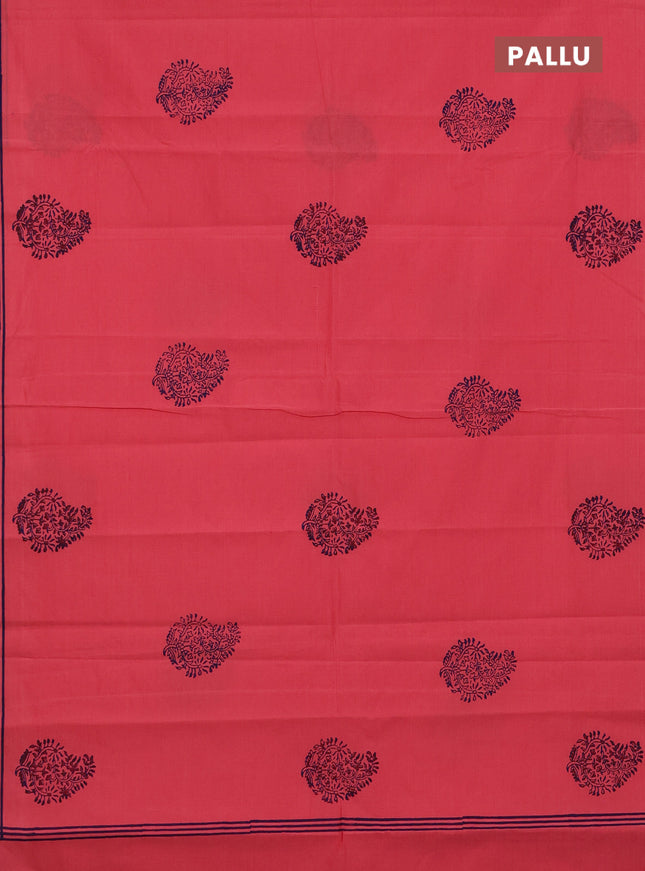 Semi silk cotton saree peach pink and blue with butta prints and printed border