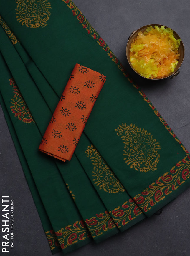 Semi silk cotton saree green and orange with butta prints and printed border