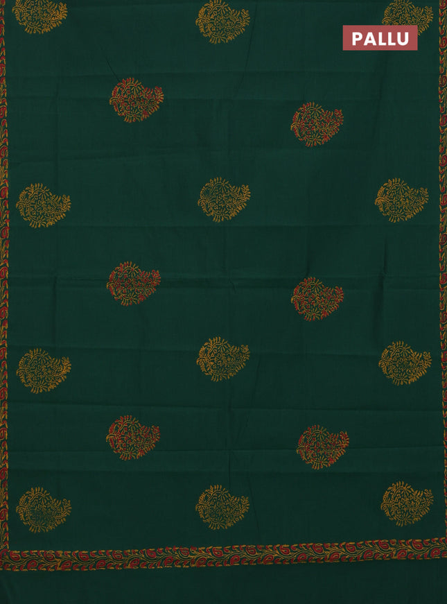 Semi silk cotton saree green and orange with butta prints and printed border