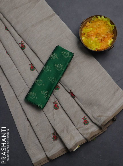 Semi silk cotton saree beige and green with embroided buttas in borderless style