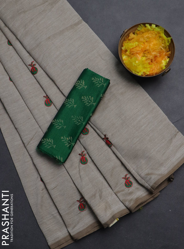 Semi silk cotton saree beige and green with embroided buttas in borderless style