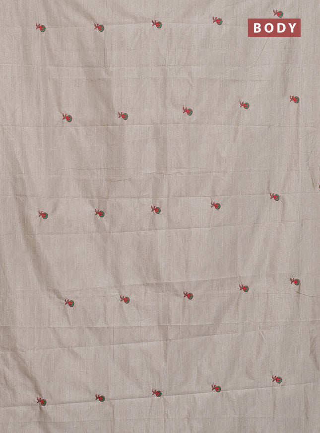 Semi silk cotton saree beige and green with embroided buttas in borderless style