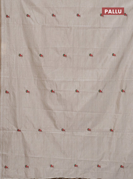 Semi silk cotton saree beige and green with embroided buttas in borderless style