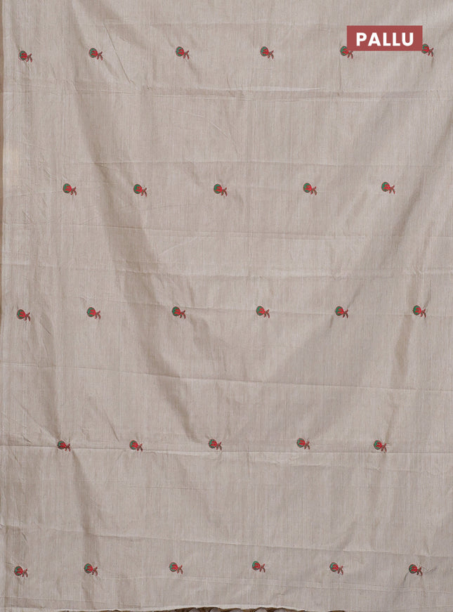 Semi silk cotton saree beige and green with embroided buttas in borderless style