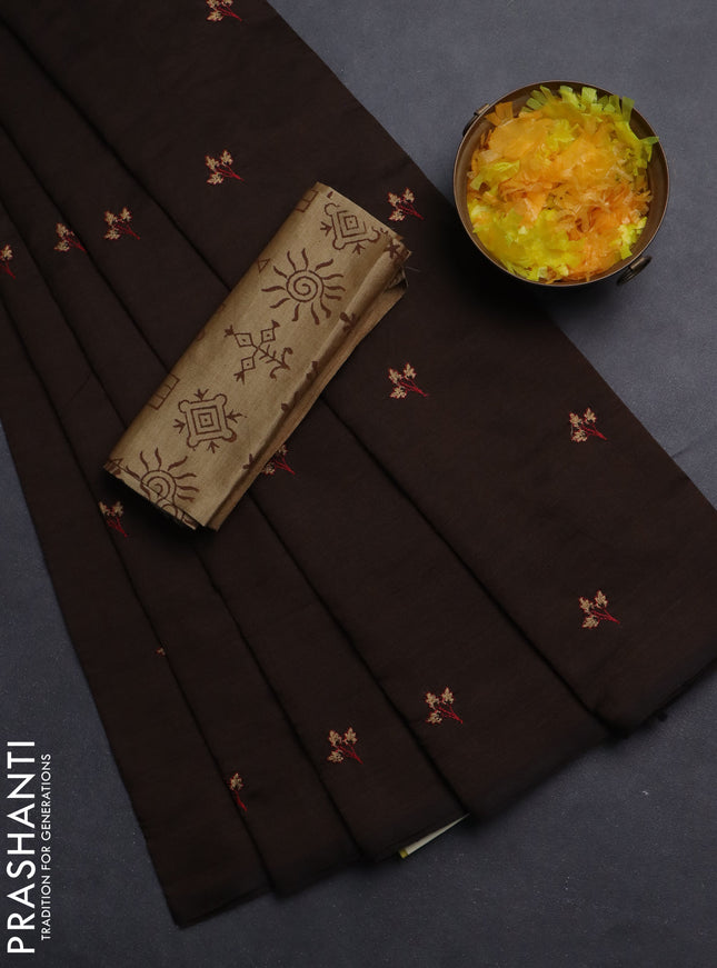 Semi silk cotton saree brown and beige with embroided buttas in borderless style