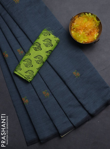 Semi silk cotton saree grey and fluorescent green with embroided buttas in borderless style