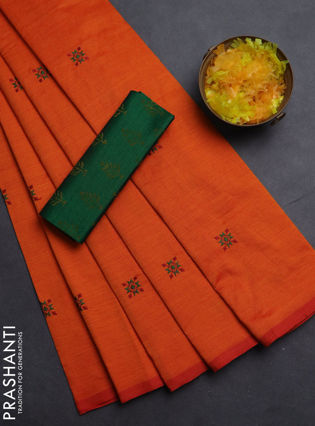 Semi silk cotton saree orange and green with embroided buttas in borderless style