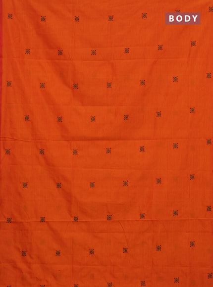 Semi silk cotton saree orange and green with embroided buttas in borderless style