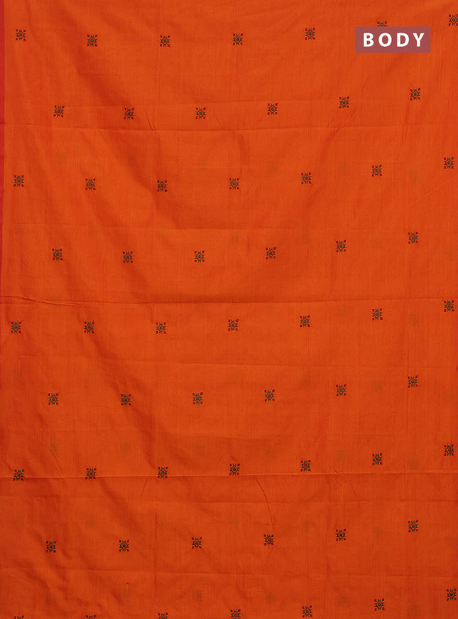 Semi silk cotton saree orange and green with embroided buttas in borderless style