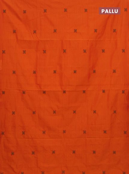 Semi silk cotton saree orange and green with embroided buttas in borderless style