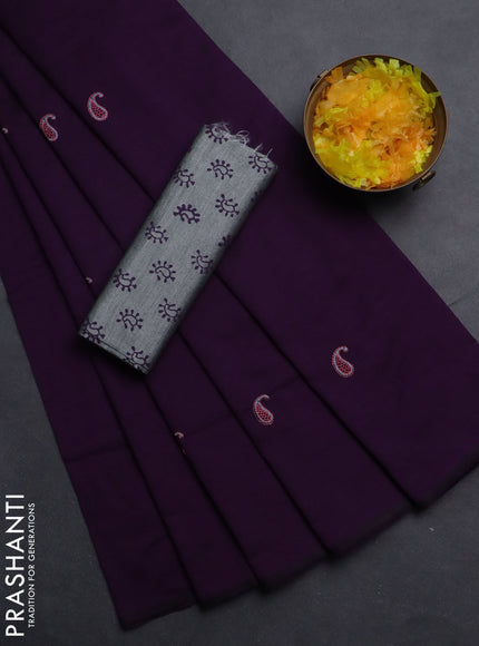 Semi silk cotton saree deep purple and grey with embroided buttas in borderless style