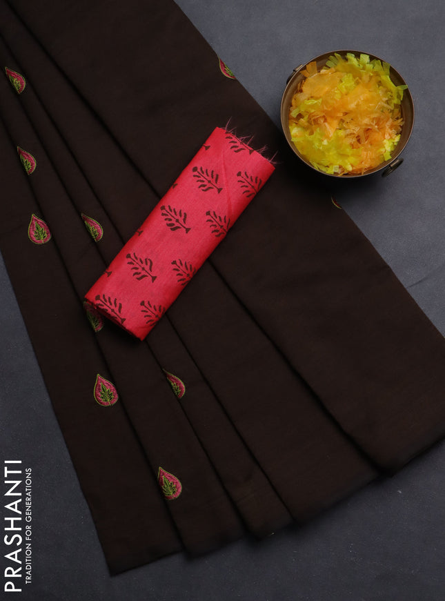 Semi silk cotton saree coffee brown and candy pink with embroided buttas in borderless style