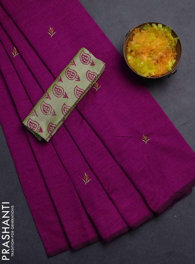 Semi silk cotton saree magenta pink and mild pista green with embroided buttas in borderless style