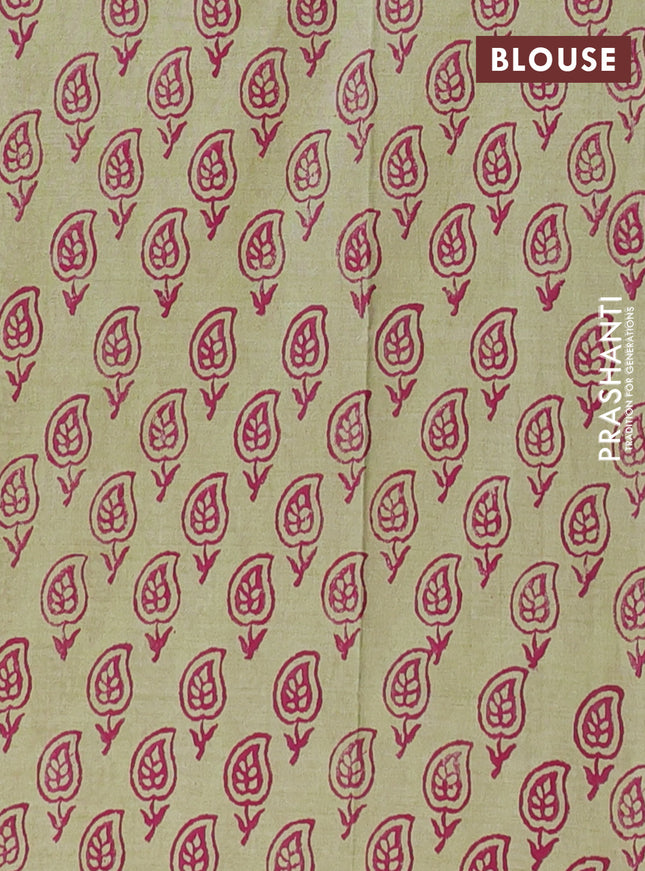 Semi silk cotton saree magenta pink and mild pista green with embroided buttas in borderless style