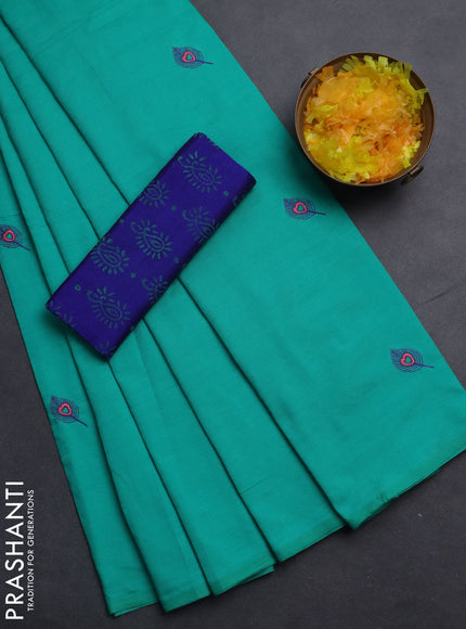 Semi silk cotton saree teal blue and blue with embroided buttas in borderless style