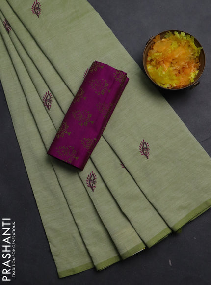 Semi silk cotton saree mild pista green and purple with embroided buttas in borderless style
