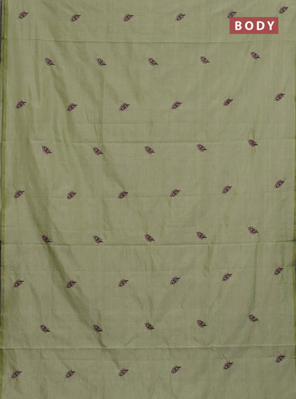 Semi silk cotton saree mild pista green and purple with embroided buttas in borderless style