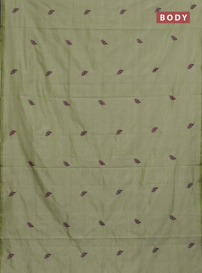 Semi silk cotton saree mild pista green and purple with embroided buttas in borderless style