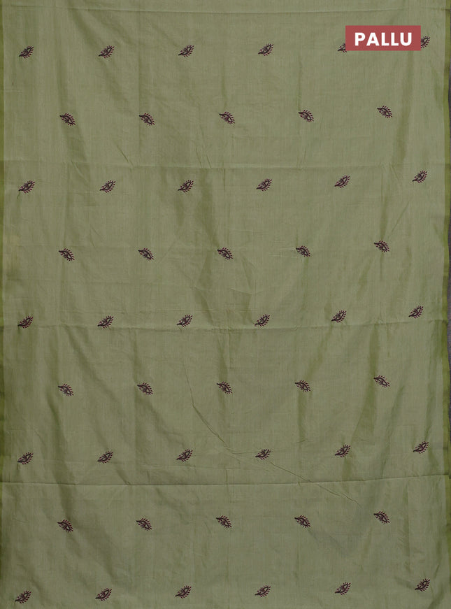 Semi silk cotton saree mild pista green and purple with embroided buttas in borderless style