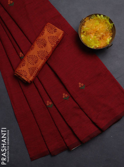 Semi silk cotton saree maroon and orange with embroided buttas in borderless style