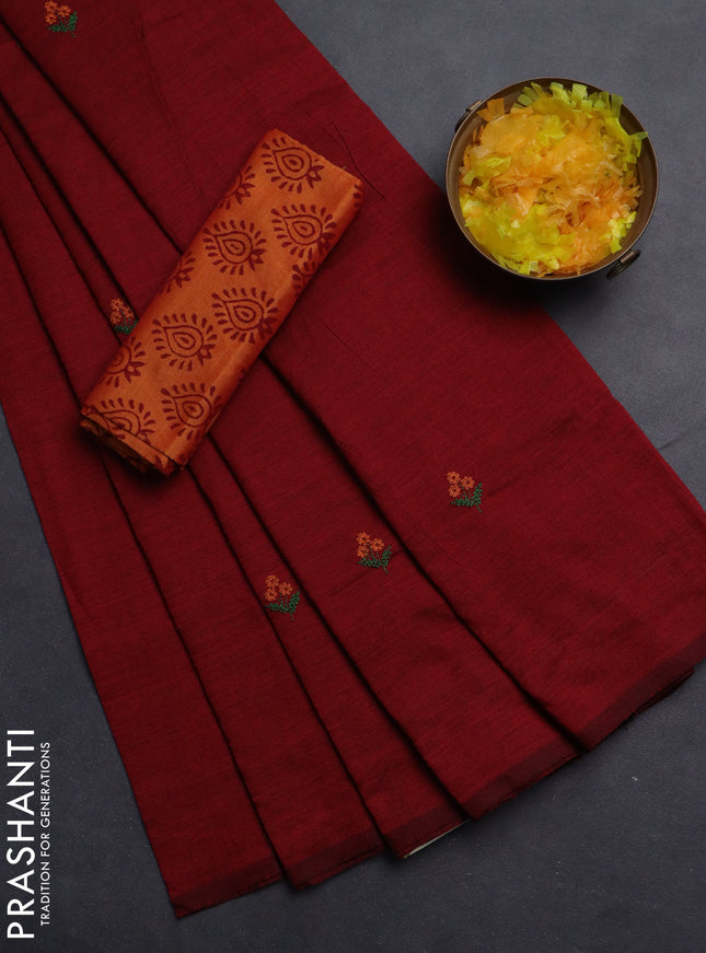 Semi silk cotton saree maroon and orange with embroided buttas in borderless style